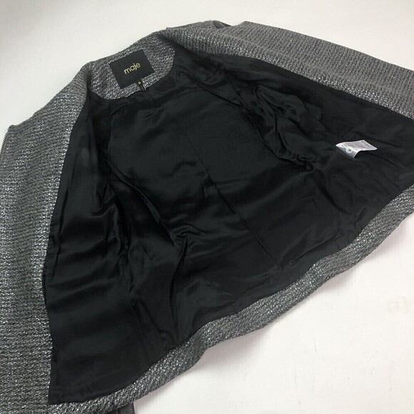 Maje Moto Jacket size 2 Leather Sleeve Silver Metallic Black Remeur Wool tweed - Picture 8 of 10